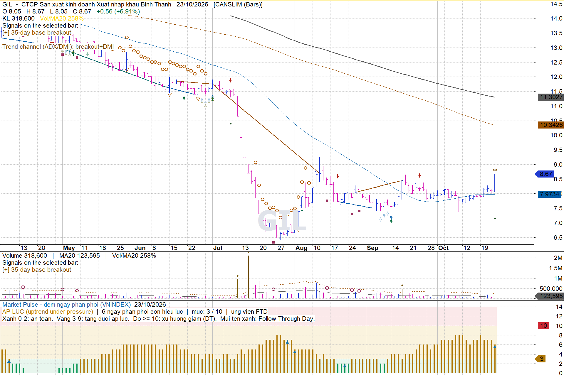 GIL tại nến 23/10/2026: Signals ghi 35-day base breakout; giá đóng cửa 8,67, tăng 6,91%, khối lượng 318.600 và Vol/MA20 258%. Đây là ví dụ bứt phá nền 35 phiên, không phải minh họa pivot thuần.