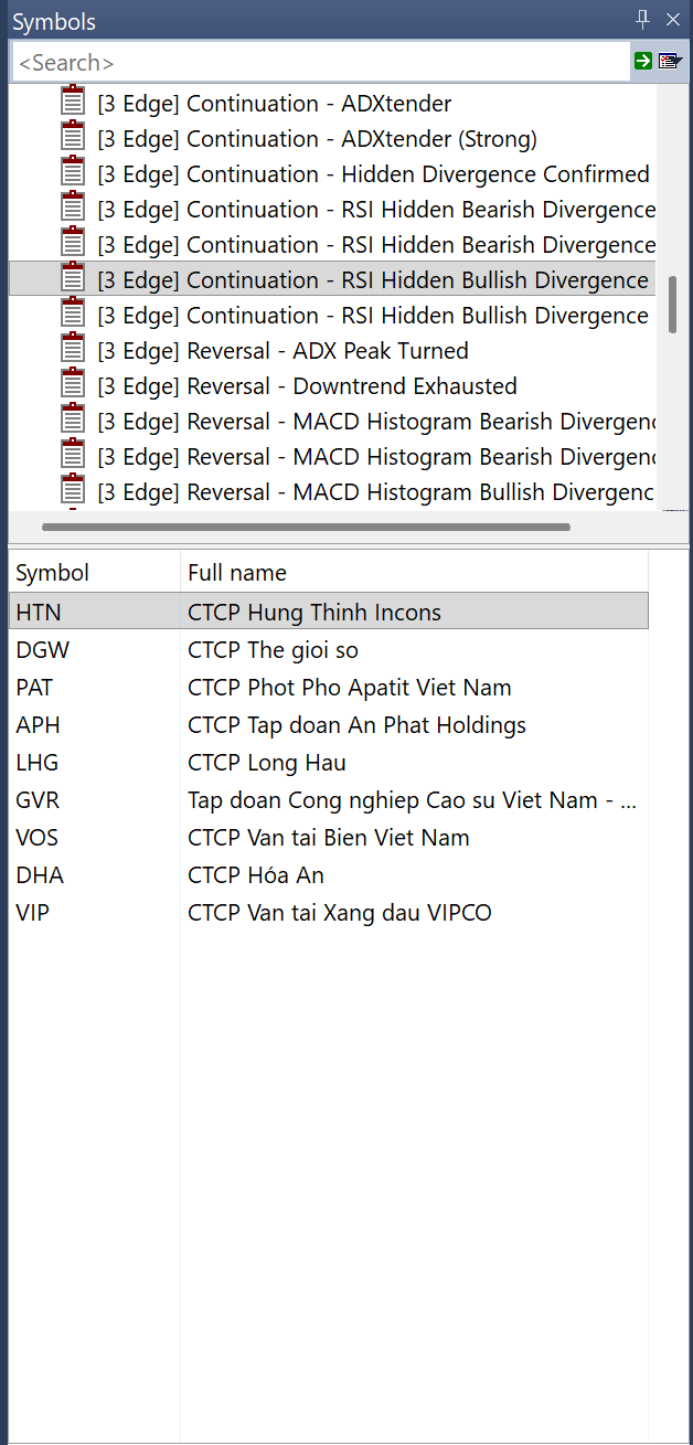 Watch List [3 Edge] Continuation - RSI Hidden Bullish Divergence đang chọn, bảng mã bên dưới có HTN, DGW, PAT và các mã khác. Đây là danh sách phân kỳ ẩn dương.