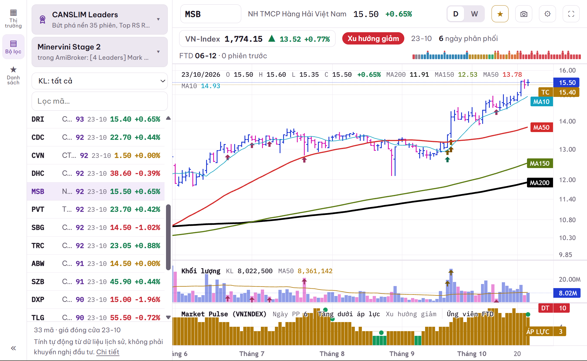 Biểu đồ MSB, khối lượng, Market Pulse và danh sách Minervini Stage 2.