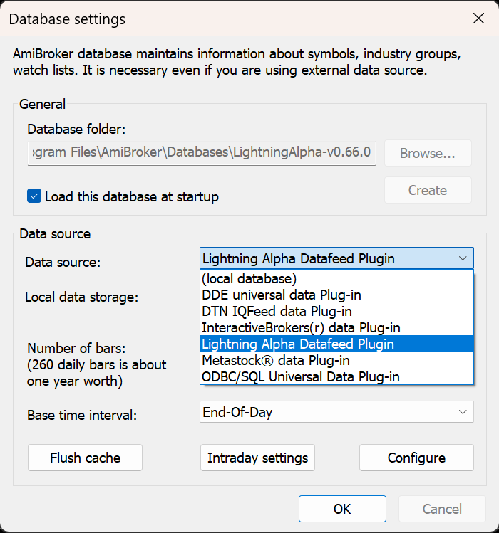 Danh sách Data source đang mở, Lightning Alpha Datafeed Plugin được chọn. Bên dưới có End-Of-Day và nút Configure.