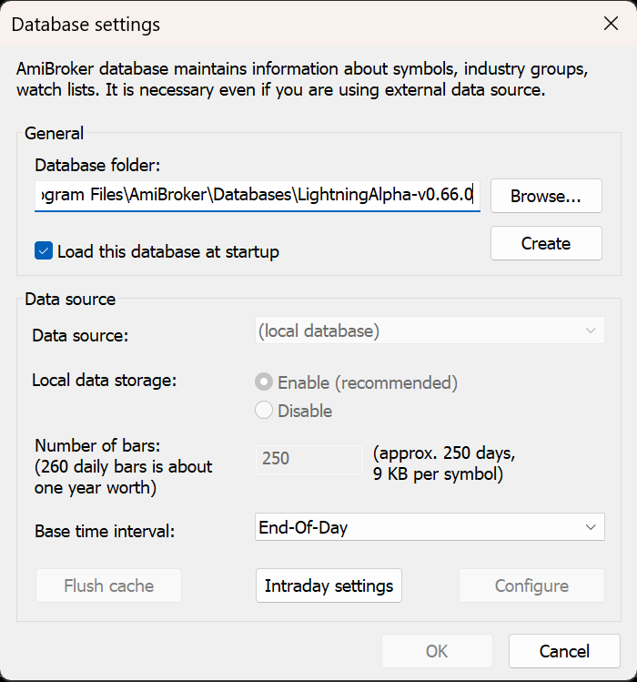 Database settings trước khi tạo kho: ô Database folder đang được nhập và nút Create đang dùng được; Data source chưa chọn.