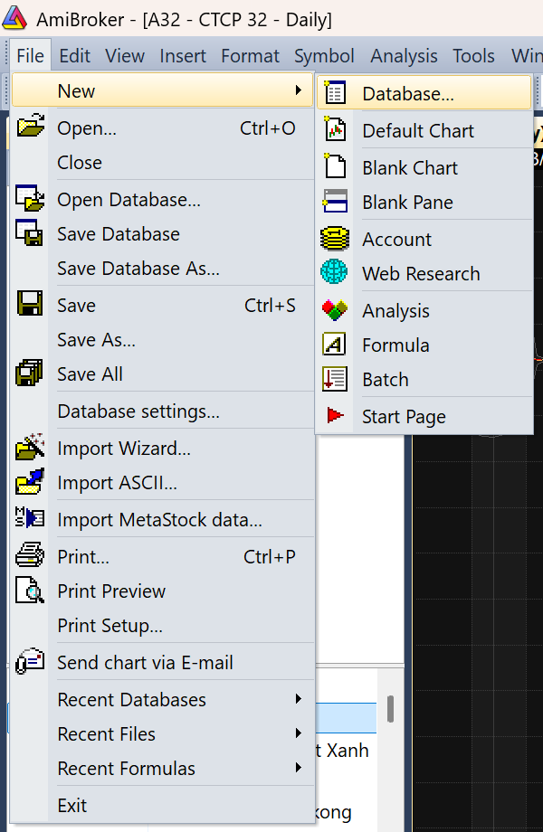 Menu File mở mục New → Database trong AmiBroker.