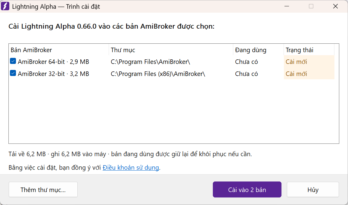 Chọn đồng thời AmiBroker 64-bit và 32-bit, mỗi bản có thư mục riêng. Nút Cài vào 2 bản phản ánh hai dòng đang được chọn.