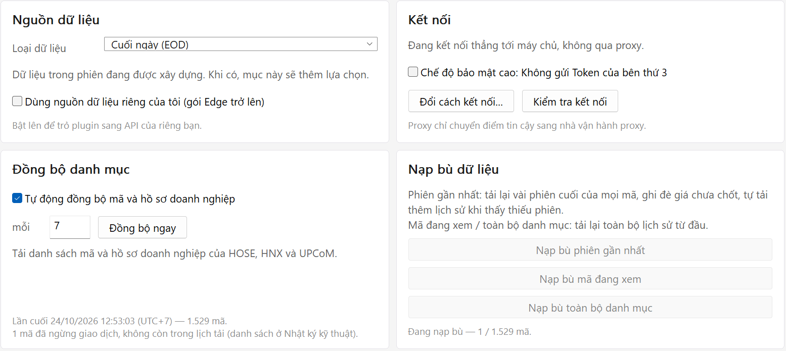 Nguồn & Đồng bộ khi tác vụ đang chạy: Đang nạp bù — 1 / 1.529 mã; ba nút Nạp bù tạm thời bị vô hiệu hóa.