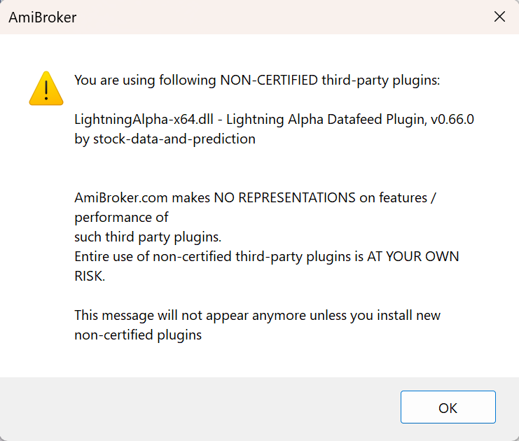 AmiBroker liệt kê LightningAlpha-x64.dll phiên bản 0.66.0 trong cảnh báo NON-CERTIFIED third-party plugins; nút OK nằm dưới cùng.