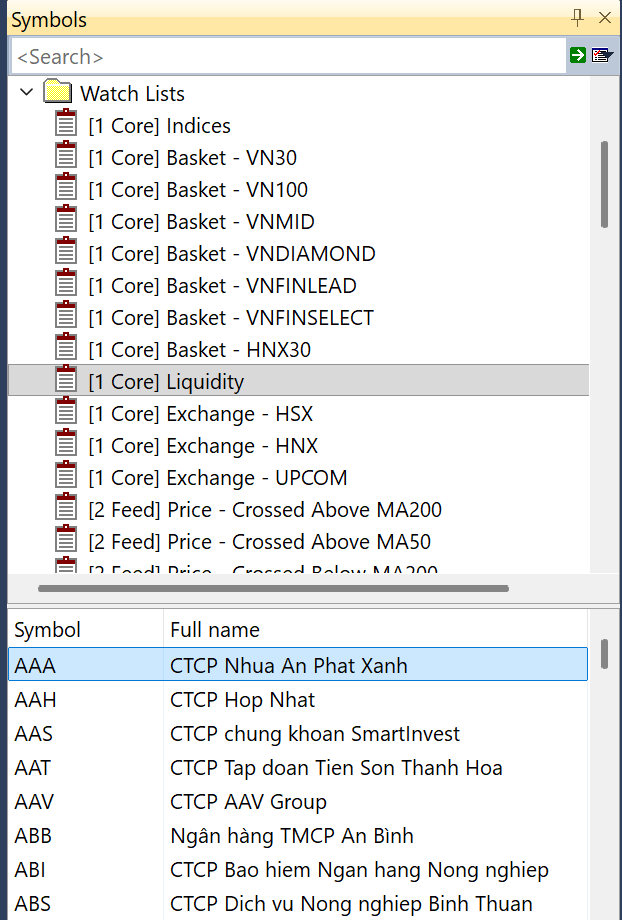 Cây Symbols chọn [1 Core] Liquidity; bảng bên dưới liệt kê AAA, AAH, AAS, AAT và các mã khác của danh sách thanh khoản.